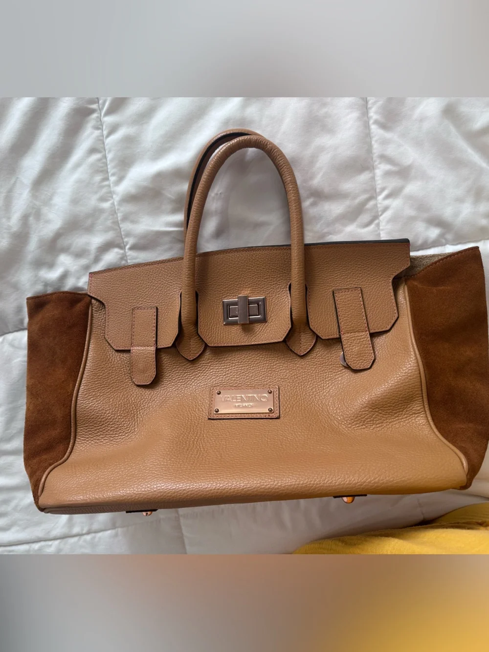 Valentino Tan Pebbled Leather Satchel with Gold Hardware
